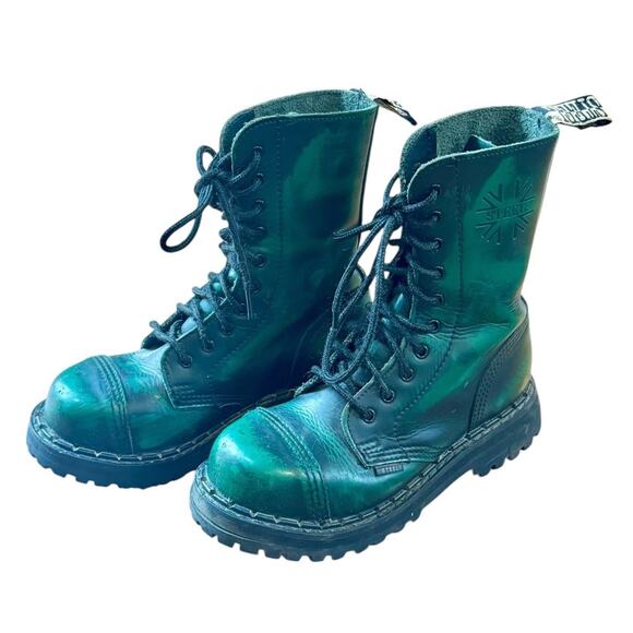 STEEL Toe Distressed Green Leather Combat Boots Triple Stitch 10 Eyelets Size 7 - Picture 2 of 7